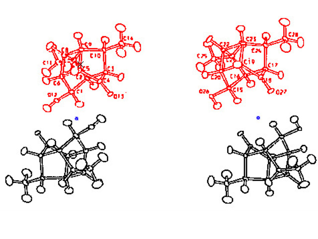2- The two independent dimers of the cage compound5-hydroxy-7,10-dimethyltetracyclo[4.4.0.03,9.04,8]decan-2-one (C12H16O2)These are viewed from similar directions nad o : denotes