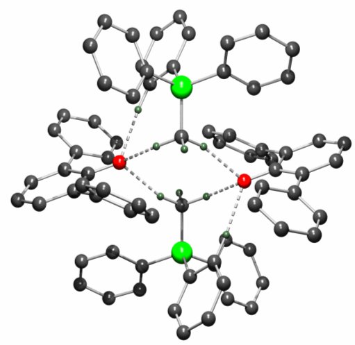 Hydrogen bonding in a phosphorium aryl axideDark grey: carbon, light grey: hydrogen, red: oxygen, green: phosphorus.
