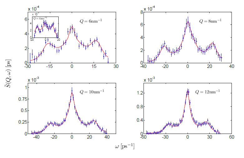 Caption Fig.1: Dynamic structure factor of liquid gold at five Q values measured on BRISP. The experimental data (blue dots) are broadened by the instrumental energy resolution. The RJ-MCMC fit (red continuous line) takes detailed-balance asymmetry and resolution into account.