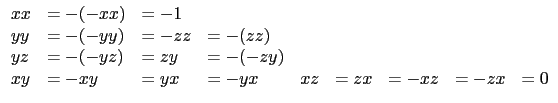 \(\begin{array}{lllllllll}
xx&=-(-xx)&=-1\\
yy&=-(-yy)&=-zz&=-(zz)\\
yz&=-(-yz)&=zy&=-(-zy)\\
xy&=-xy&=yx&=-yx&xz&=zx&=-xz&=-zx&=0 \\
\end{array} \)