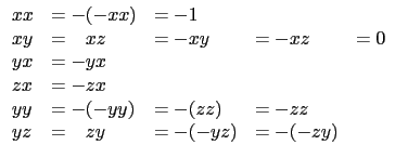 \(\begin{array}{lllll}
xx&=-(-xx)&=-1\\
xy&=\msp xz&=-xy&=-xz&=0\\
yx&=-yx\...
...-zx\\
yy&=-(-yy)&=-(zz)&=-zz\\
yz&=\msp zy&=-(-yz)&=-(-zy)\\
\end{array} \)