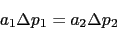 \begin{displaymath}a_1\Delta p_1 = a_2\Delta p_2\end{displaymath}